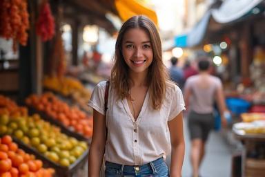 Jeune femme souriante dans un marché asiatique animé, symbolisant un voyage réussi et des conseils de voyage pour l'Asie du Sud-Est.