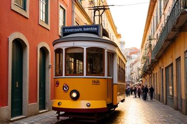 Rue colorée et animée de Lisbonne avec un tramway, suggérant les attraits de la ville et les options d'hébergement pour les voyageurs solo.