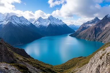 Paysage époustouflant de montagnes et de lacs en Patagonie, évoquant un récit de voyage épique et des défis d'exploration.