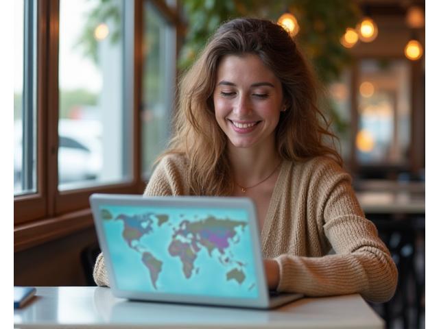 Voyageuse solo heureuse interagissant avec une carte et un ordinateur portable, dans un café lumineux et moderne, symbolisant la connexion en ligne avec la communauté Escapade Solo.