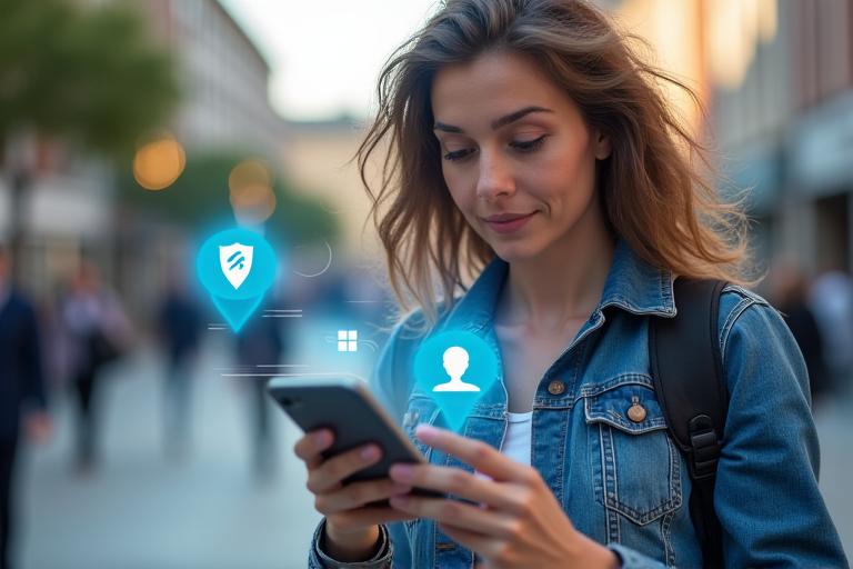 Femme voyageant seule, regardant une carte sur son téléphone, avec des icônes de sécurité et de support superposées, symbolisant la tranquillité d'esprit.