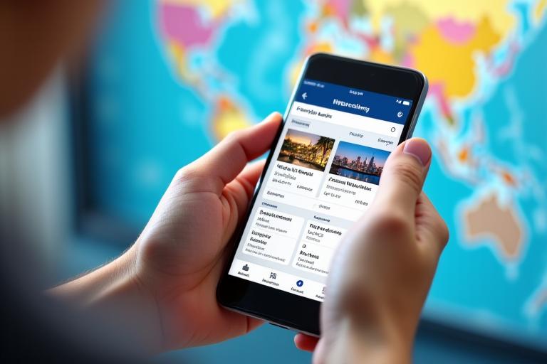 Mains tenant un smartphone affichant des options de réservation d'hôtels et d'activités, avec une carte du monde en arrière-plan.