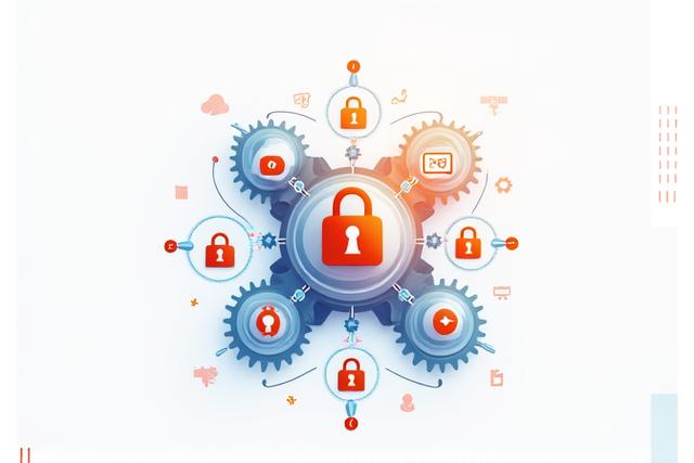 Illustration abstraite de propriété intellectuelle: des engrenages interconnectés avec des icones de copyright et de cadenas, sur un fond stylisé avec des documents numériques, représentant la sécurité et l'innovation.